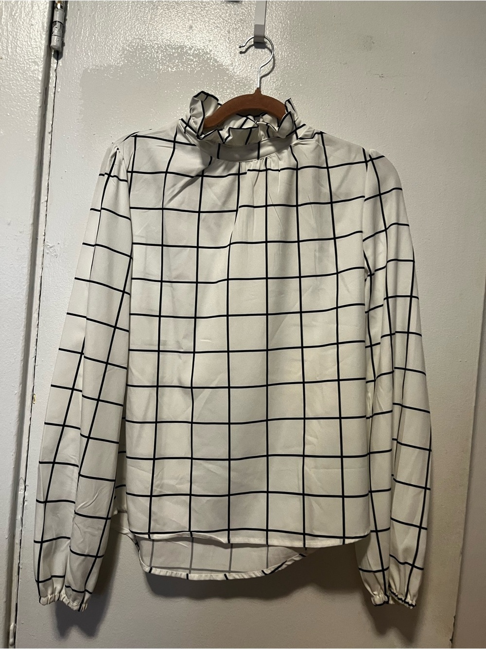 White Grid Mock Neck Blouse